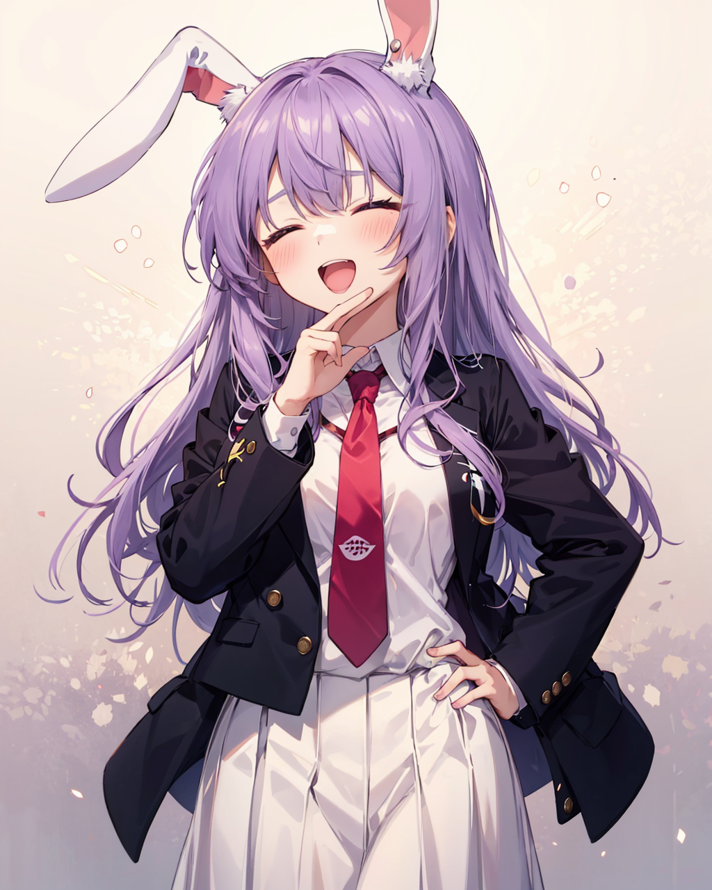 56485-4186418333-,ojou-sama pose, 1girl, long hair, solo, reisen udongein inaba, animal ears, rabbit ears, jacket, skirt, open mouth, closed eyes.png